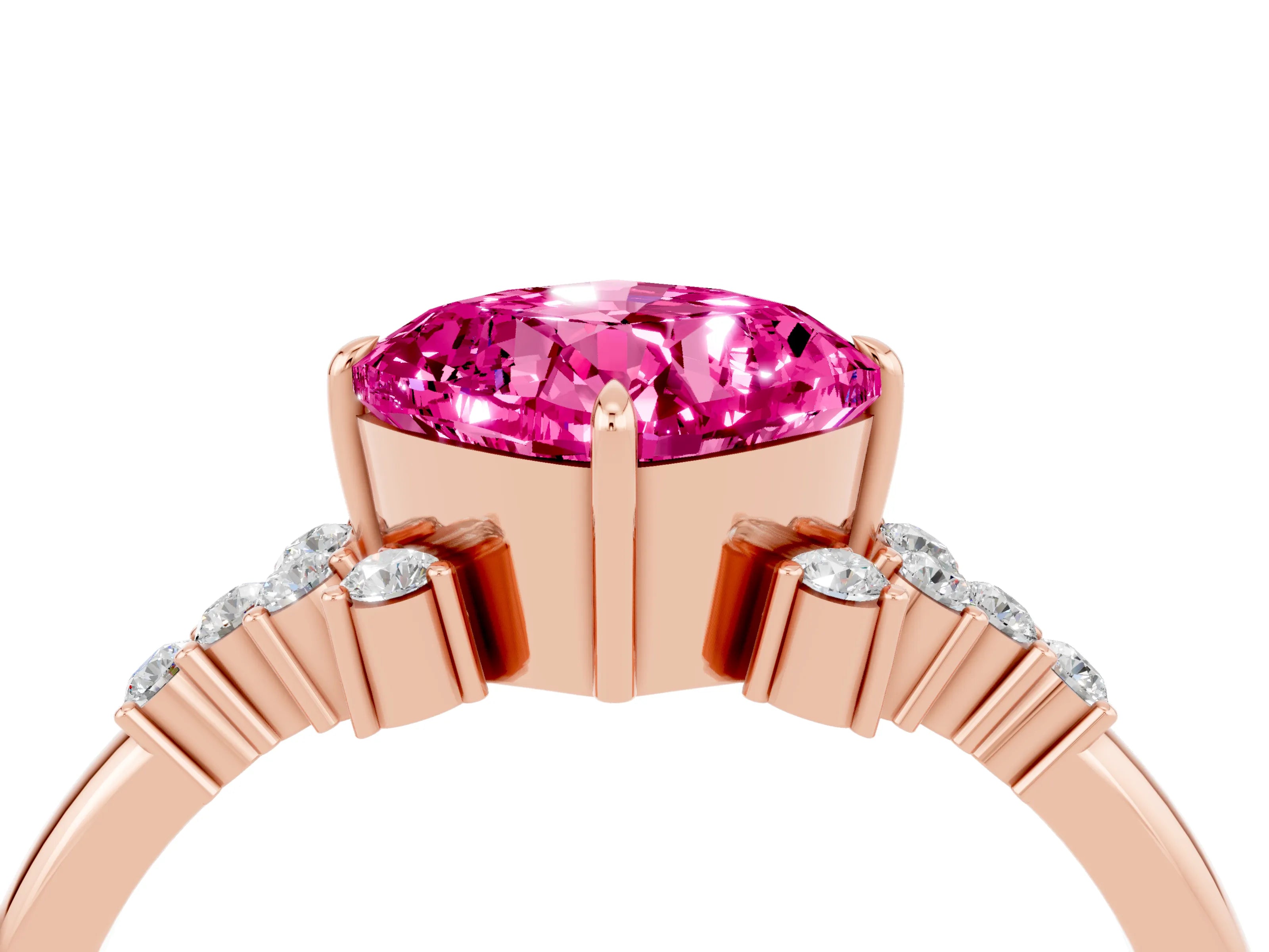 Rose gold Cushion Cut Pink Sapphire Ring with Side Stones and Four-Prong Setting_64