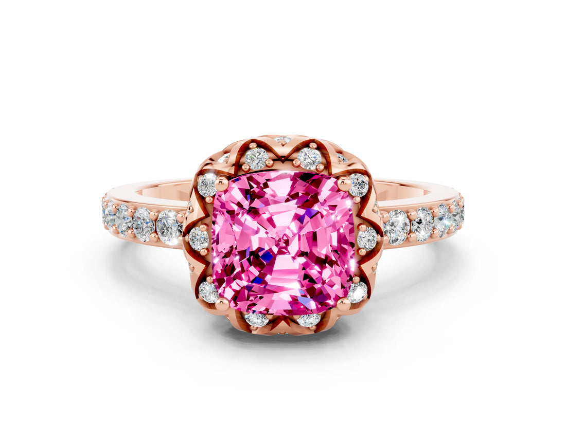 Rose gold Cushion Cut Pink Sapphire Scalloped Halo Engagement Ring with Round Shared Prong Band_24