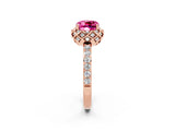 Rose gold Cushion Cut Pink Sapphire Scalloped Halo Engagement Ring with Round Shared Prong Band_26