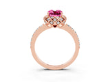Rose gold Cushion Cut Pink Sapphire Scalloped Halo Engagement Ring with Round Shared Prong Band_27