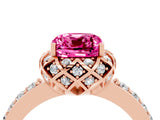 Rose gold Cushion Cut Pink Sapphire Scalloped Halo Engagement Ring with Round Shared Prong Band_28