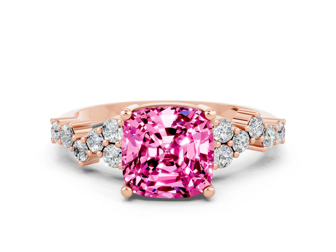 Rose gold Cushion Cut Pink Sapphire Scattered Round Accent Ring with Prong Setting_24