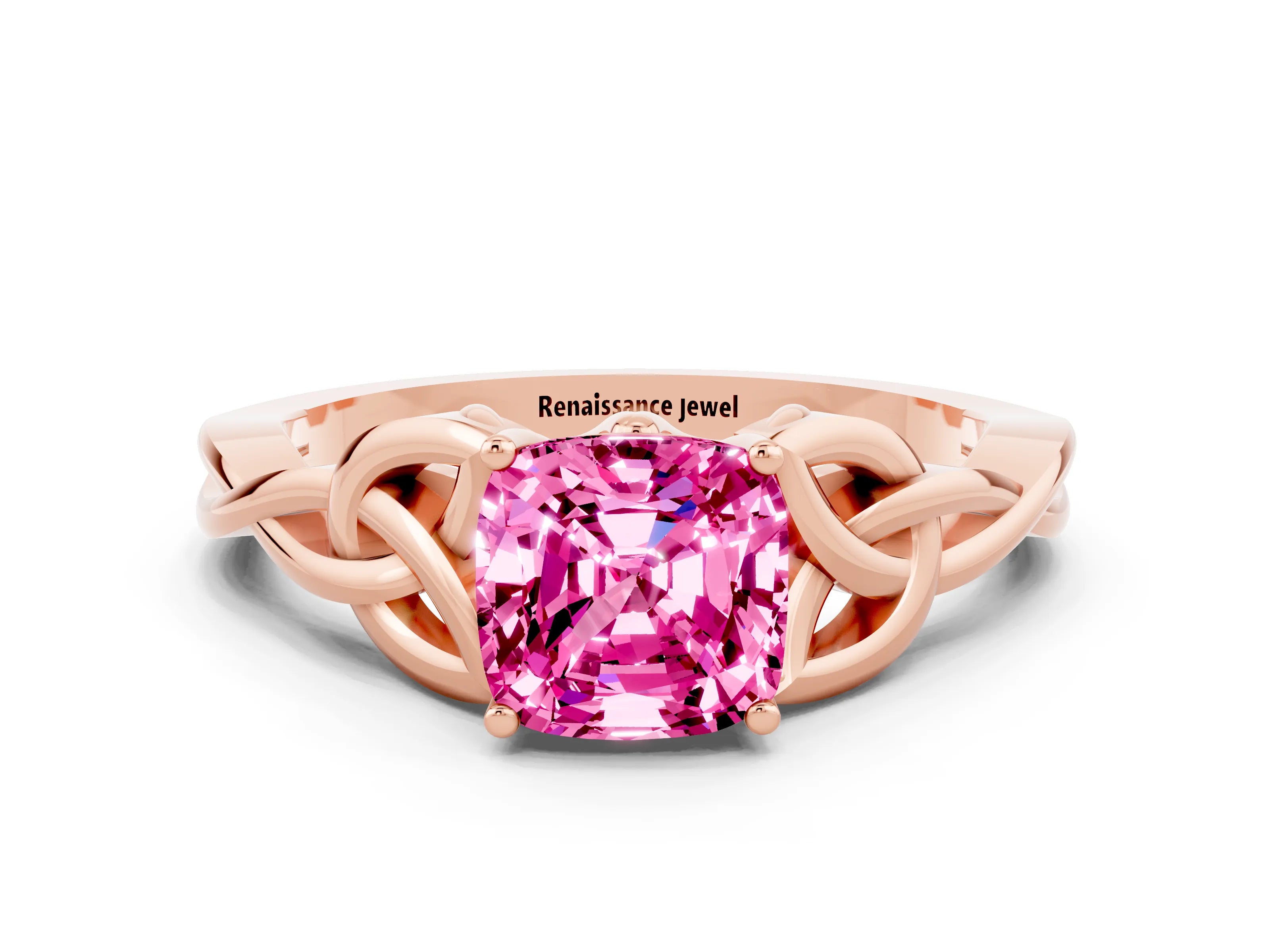 Rose gold Cushion Cut Pink Sapphire Solitaire Celtic Knot Ring with Four-Prong Setting_24