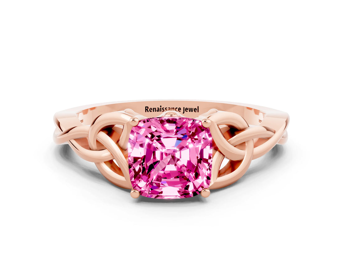 Rose gold Cushion Cut Pink Sapphire Solitaire Celtic Knot Ring with Four-Prong Setting_24