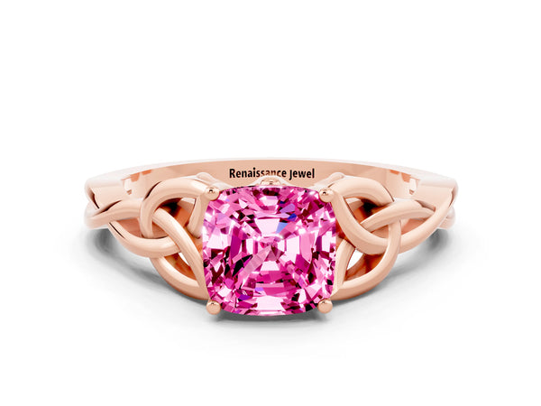 Rose gold Cushion Cut Pink Sapphire Solitaire Celtic Knot Ring with Four-Prong Setting