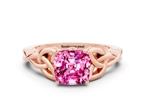 Rose gold Cushion Cut Pink Sapphire Solitaire Celtic Knot Ring with Four-Prong Setting_24