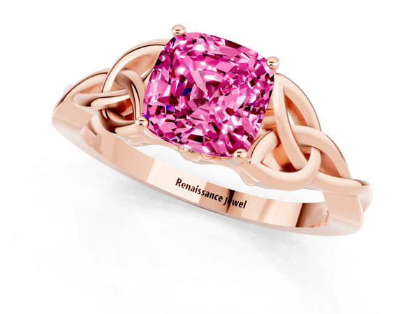 Rose gold Cushion Cut Pink Sapphire Solitaire Celtic Knot Ring with Four-Prong Setting