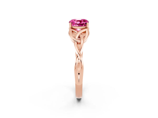 Rose gold Cushion Cut Pink Sapphire Solitaire Celtic Knot Ring with Four-Prong Setting