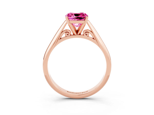Rose gold Cushion Cut Pink Sapphire Solitaire Engagement Ring with Cathedral Setting and Four-Prong Mount