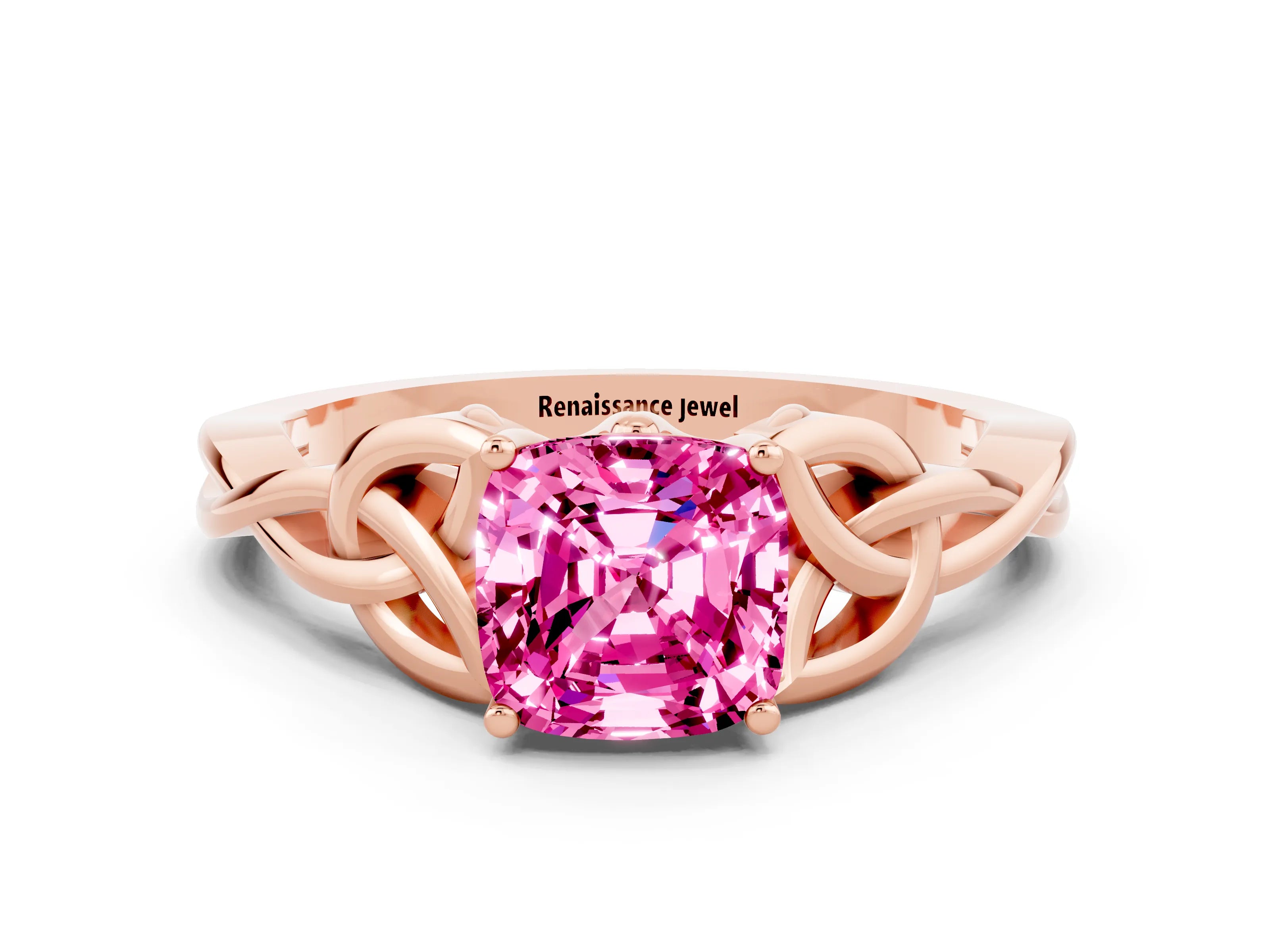 Rose gold Cushion Cut Pink Sapphire Solitaire Engagement Ring with Celtic Knot Band and Four-Prong Setting_24