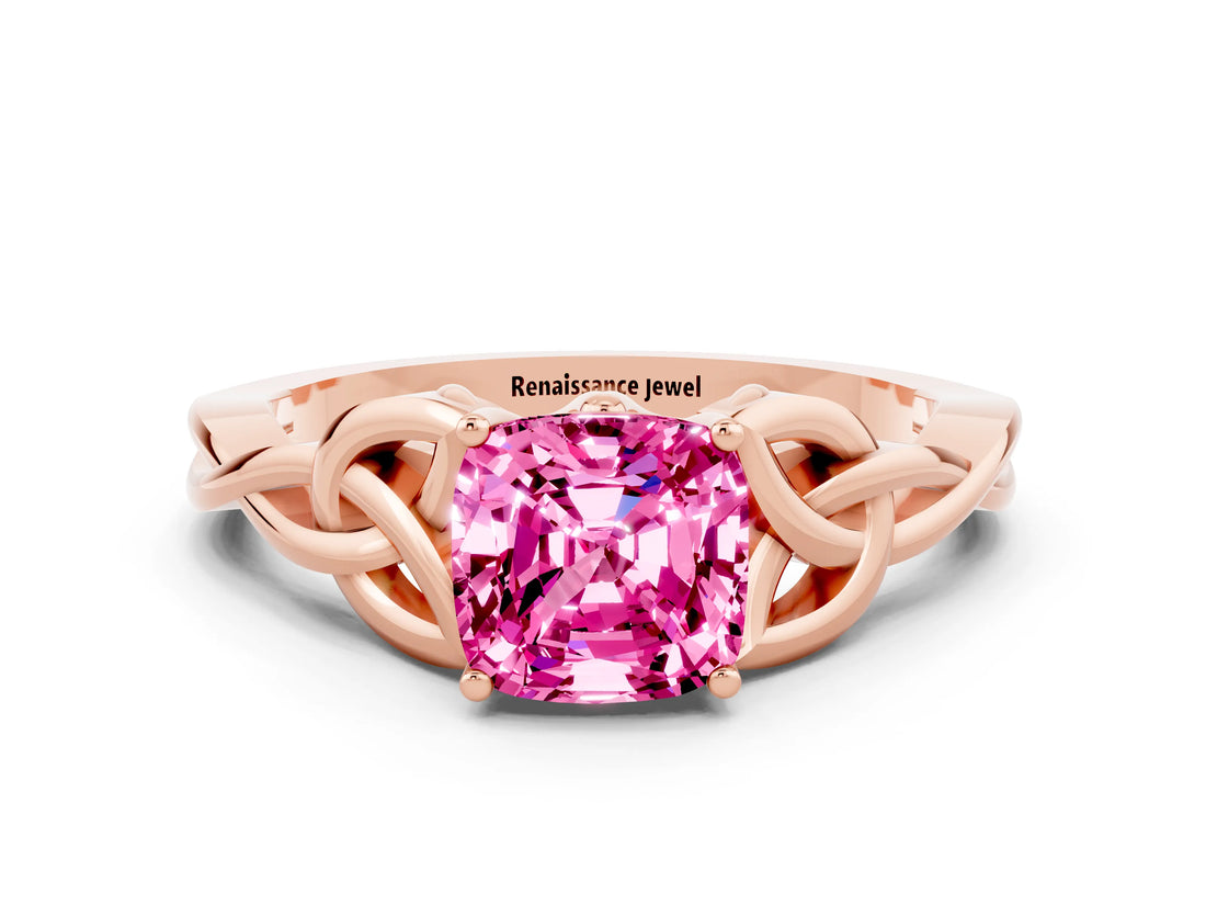 Rose gold Cushion Cut Pink Sapphire Solitaire Engagement Ring with Celtic Knot Band and Four-Prong Setting_24