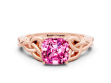 Rose gold Cushion Cut Pink Sapphire Solitaire Engagement Ring with Celtic Knot Band and Four-Prong Setting_24
