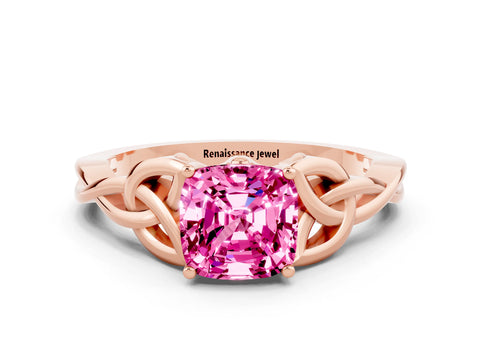 Rose gold Cushion Cut Pink Sapphire Solitaire Engagement Ring with Celtic Knot Band and Four-Prong Setting_24