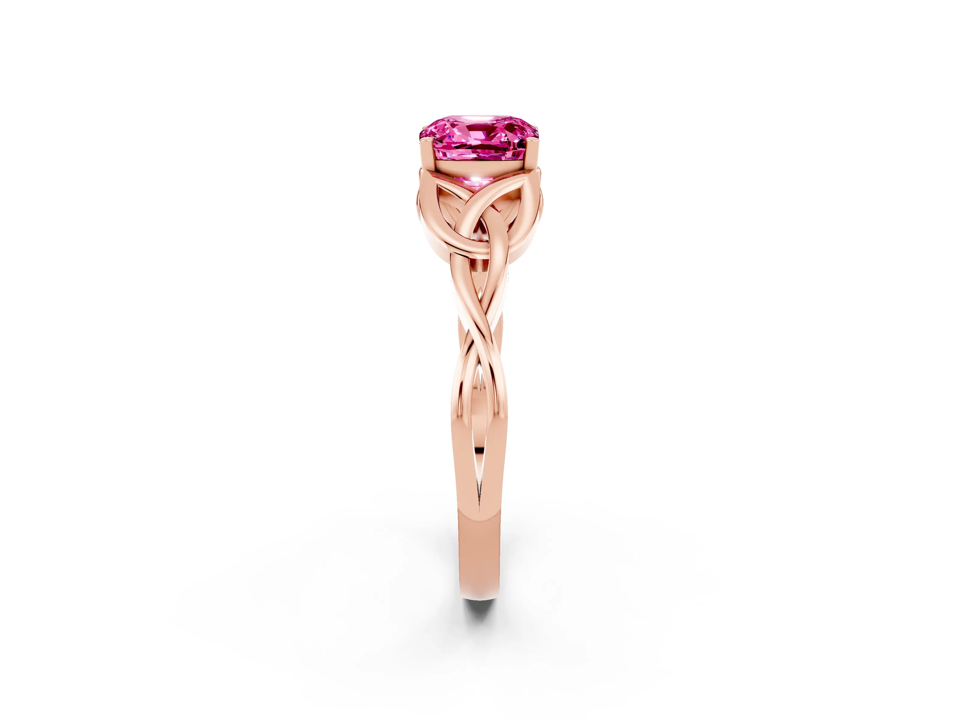 Rose gold Cushion Cut Pink Sapphire Solitaire Engagement Ring with Celtic Knot Band and Four-Prong Setting_26