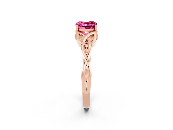 Rose gold Cushion Cut Pink Sapphire Solitaire Engagement Ring with Celtic Knot Band and Four-Prong Setting