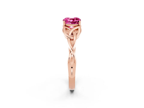 Rose gold Cushion Cut Pink Sapphire Solitaire Engagement Ring with Celtic Knot Band and Four-Prong Setting_26