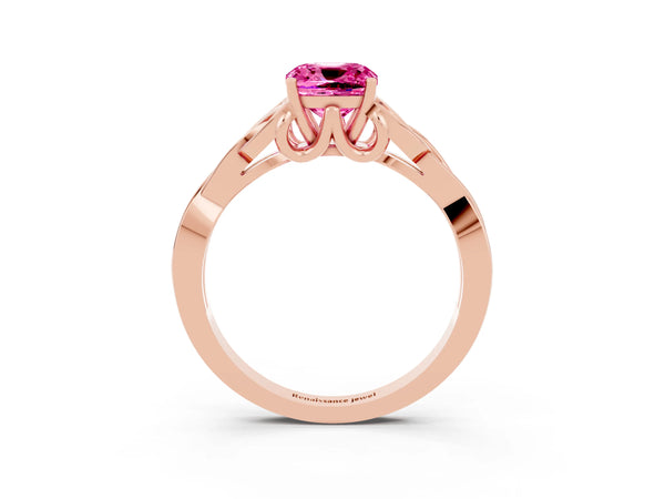 Rose gold Cushion Cut Pink Sapphire Solitaire Engagement Ring with Celtic Knot Band and Four-Prong Setting