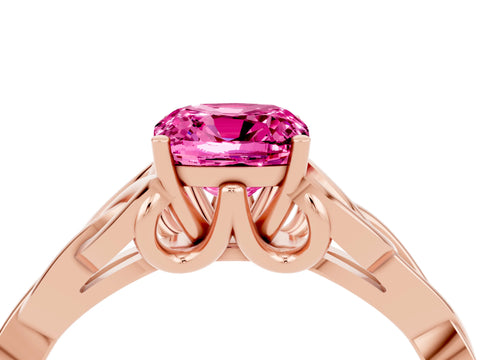 Rose gold Cushion Cut Pink Sapphire Solitaire Engagement Ring with Celtic Knot Band and Four-Prong Setting_28