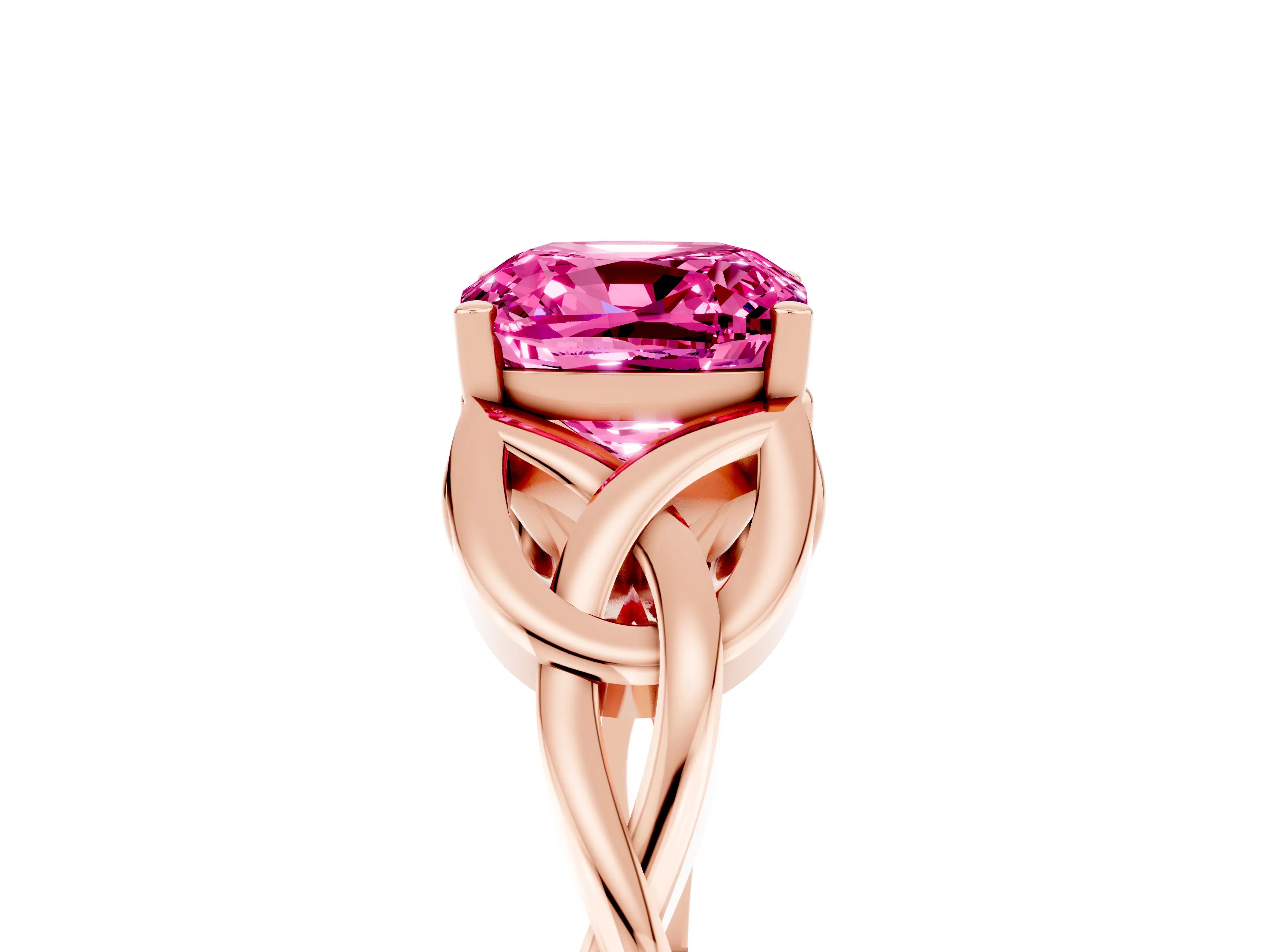 Rose gold Cushion Cut Pink Sapphire Solitaire Engagement Ring with Celtic Knot Band and Four-Prong Setting_29