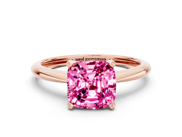 Rose gold Cushion Cut Pink Sapphire Solitaire Engagement Ring with Classic Band and Four-Prong Setting