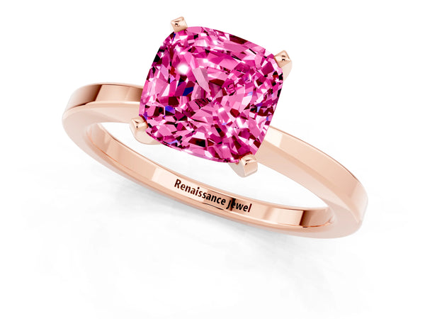 Rose gold Cushion Cut Pink Sapphire Solitaire Engagement Ring with Classic Band and Four-Prong Setting