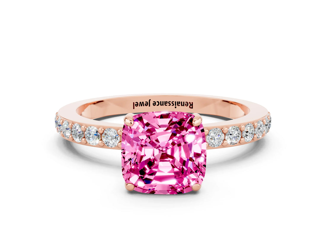Rose gold Cushion Cut Pink Sapphire Solitaire Engagement Ring with Pavé Band and Four-Prong Setting_24