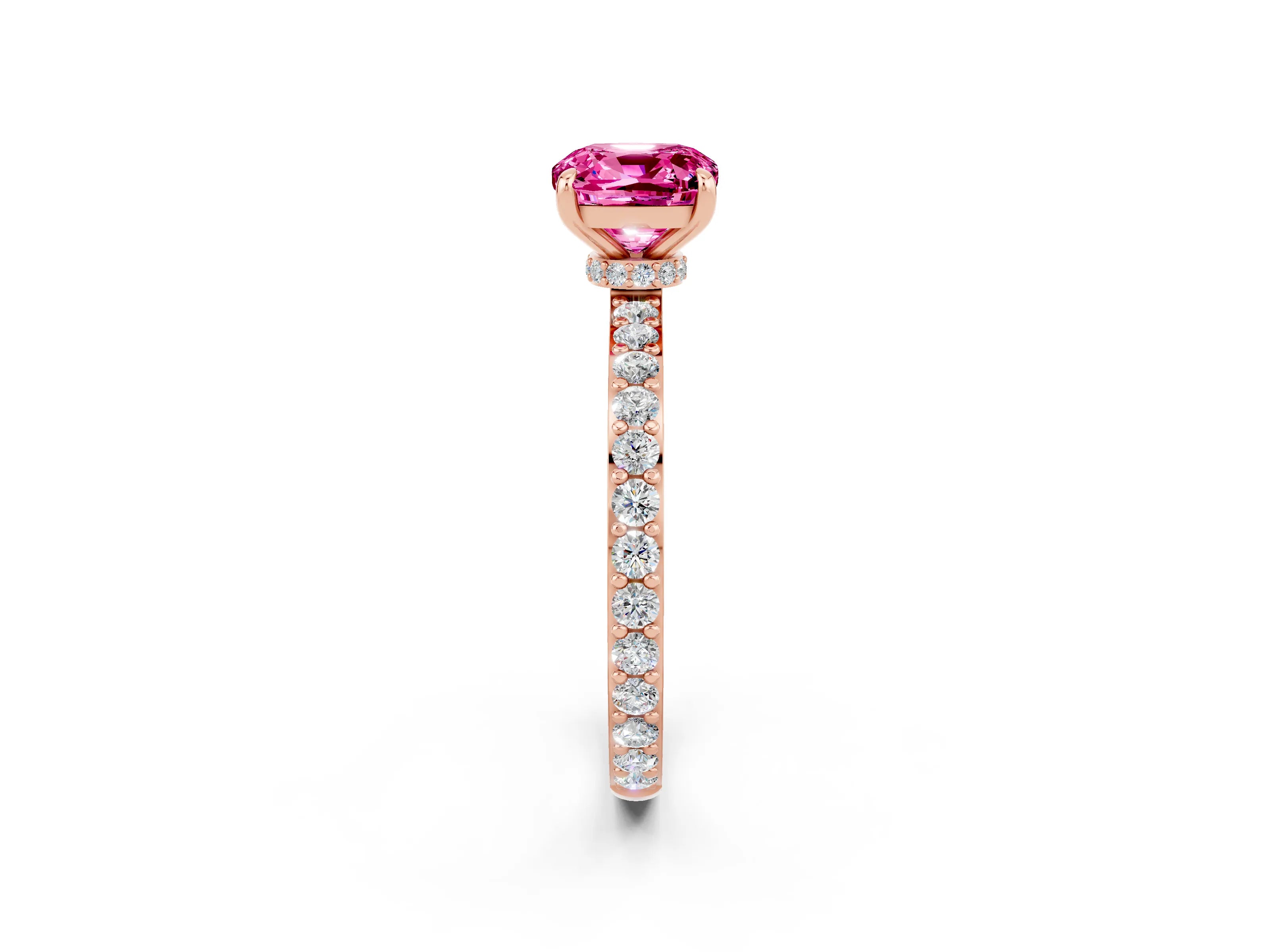 Rose gold Cushion Cut Pink Sapphire Solitaire Engagement Ring with Pavé Band and Four-Prong Setting_26