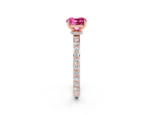 Rose gold Cushion Cut Pink Sapphire Solitaire Engagement Ring with Pavé Band and Four-Prong Setting
