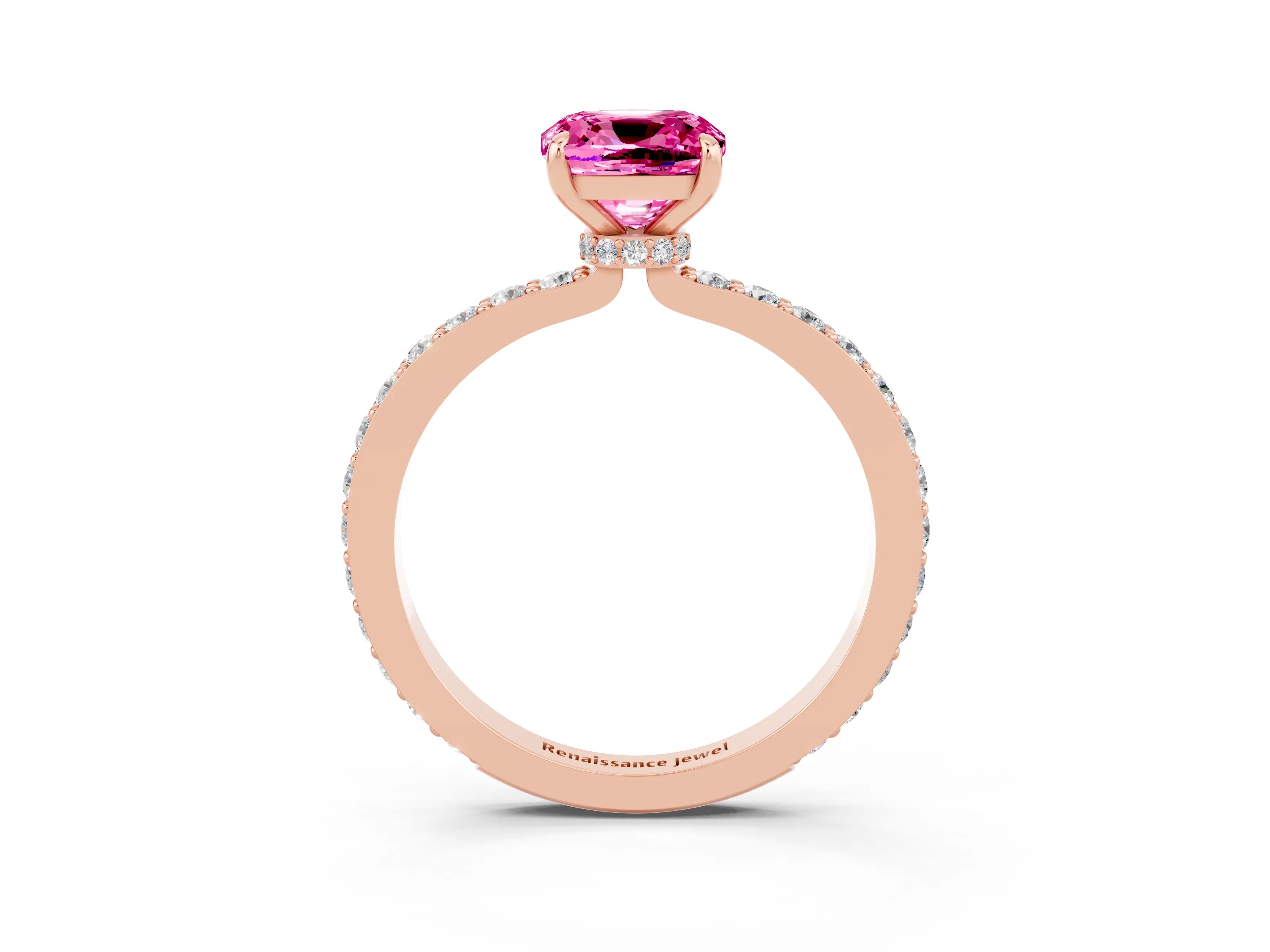 Rose gold Cushion Cut Pink Sapphire Solitaire Engagement Ring with Pavé Band and Four-Prong Setting_27