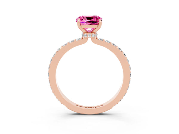 Rose gold Cushion Cut Pink Sapphire Solitaire Engagement Ring with Pavé Band and Four-Prong Setting