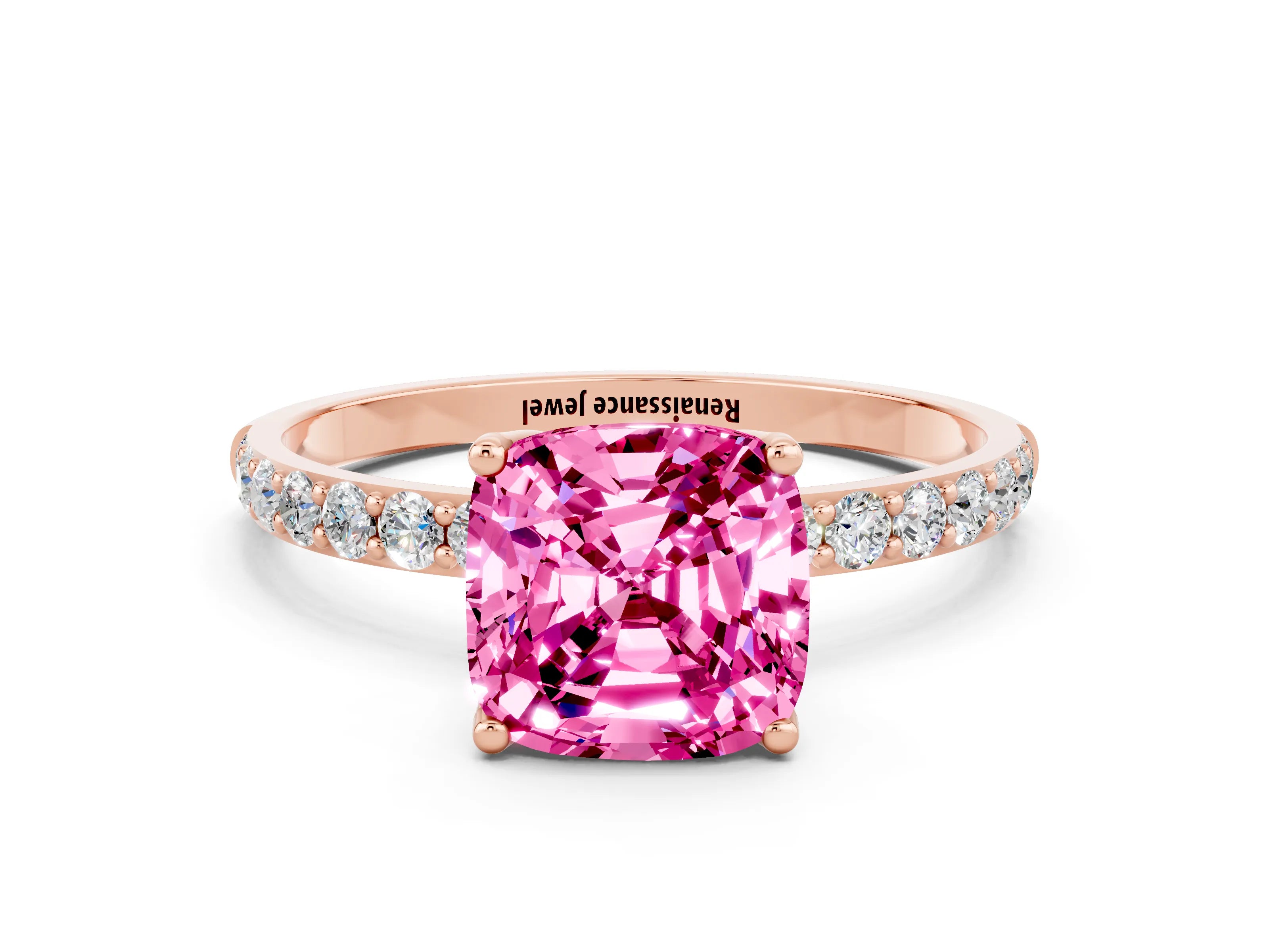 Rose gold Cushion Cut Pink Sapphire Solitaire Engagement Ring with Pavé Band and Prong Setting
