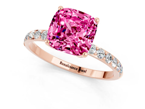 Rose gold Cushion Cut Pink Sapphire Solitaire Engagement Ring with Pavé Band and Prong Setting_1