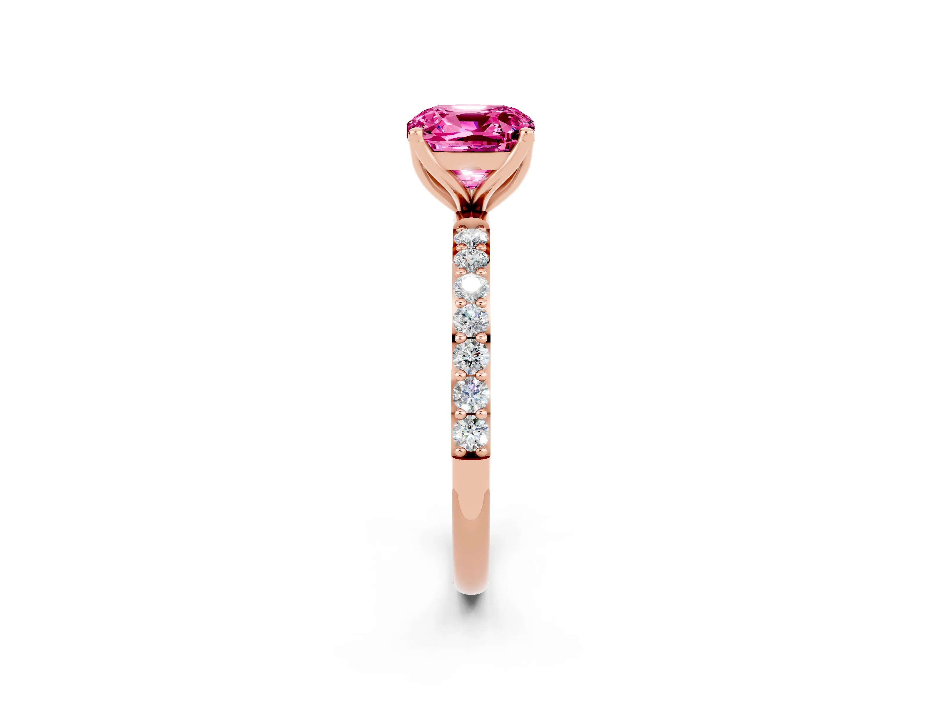 Rose gold Cushion Cut Pink Sapphire Solitaire Engagement Ring with Pavé Band and Prong Setting_2