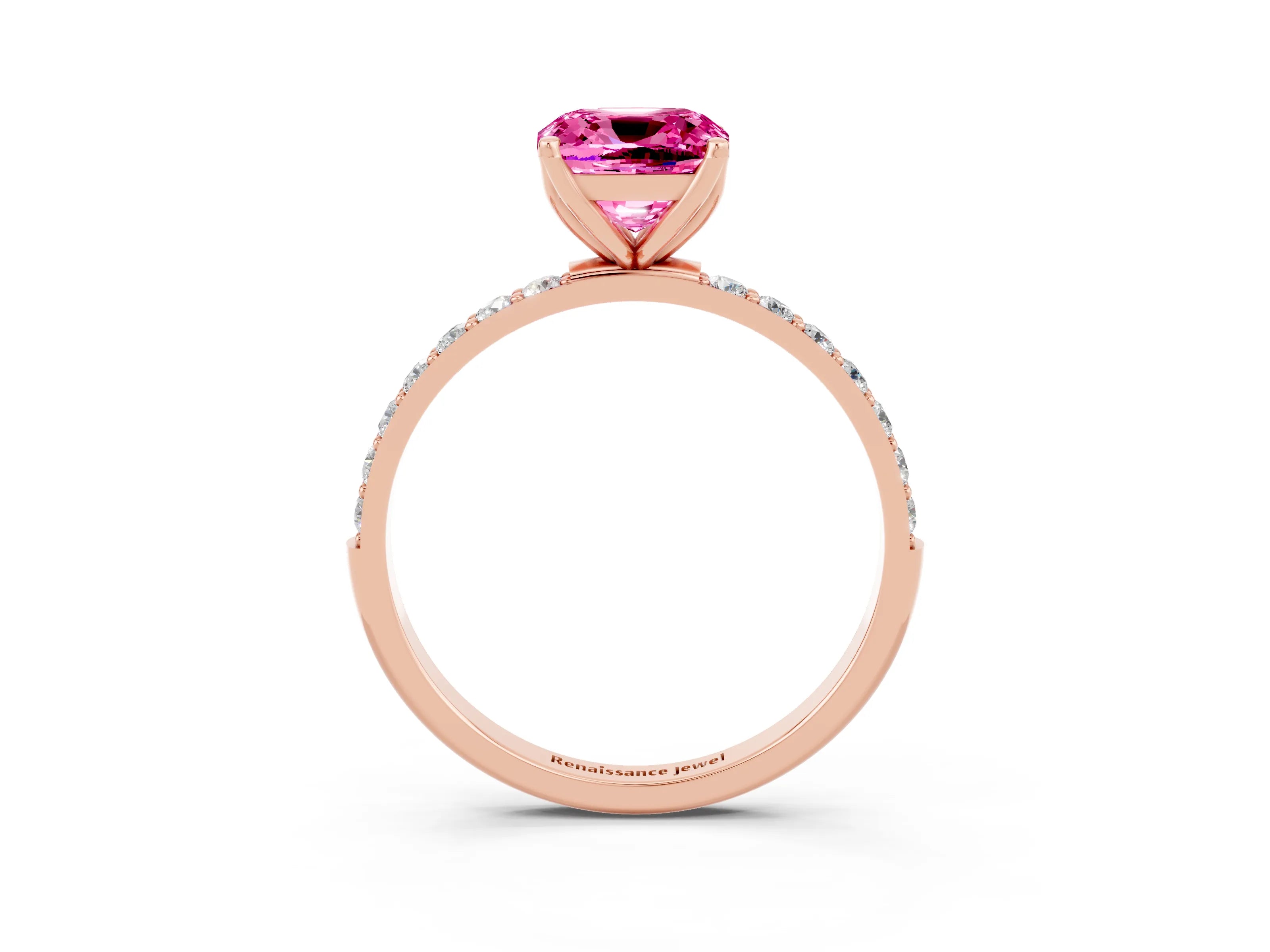 Rose gold Cushion Cut Pink Sapphire Solitaire Engagement Ring with Pavé Band and Prong Setting_3