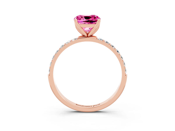Rose gold Cushion Cut Pink Sapphire Solitaire Engagement Ring with Round  Pavé Band and Prong Setting