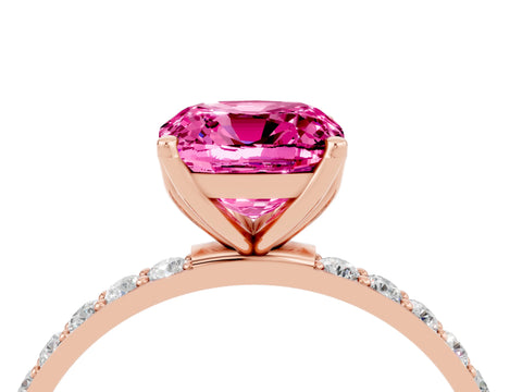 Rose gold Cushion Cut Pink Sapphire Solitaire Engagement Ring with Pavé Band and Prong Setting_4