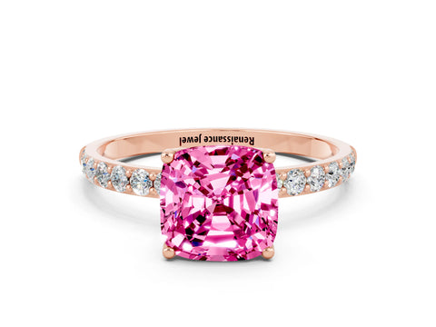 Rose gold Cushion Cut Pink Sapphire Solitaire Engagement Ring with Pavé Band and Prong Setting