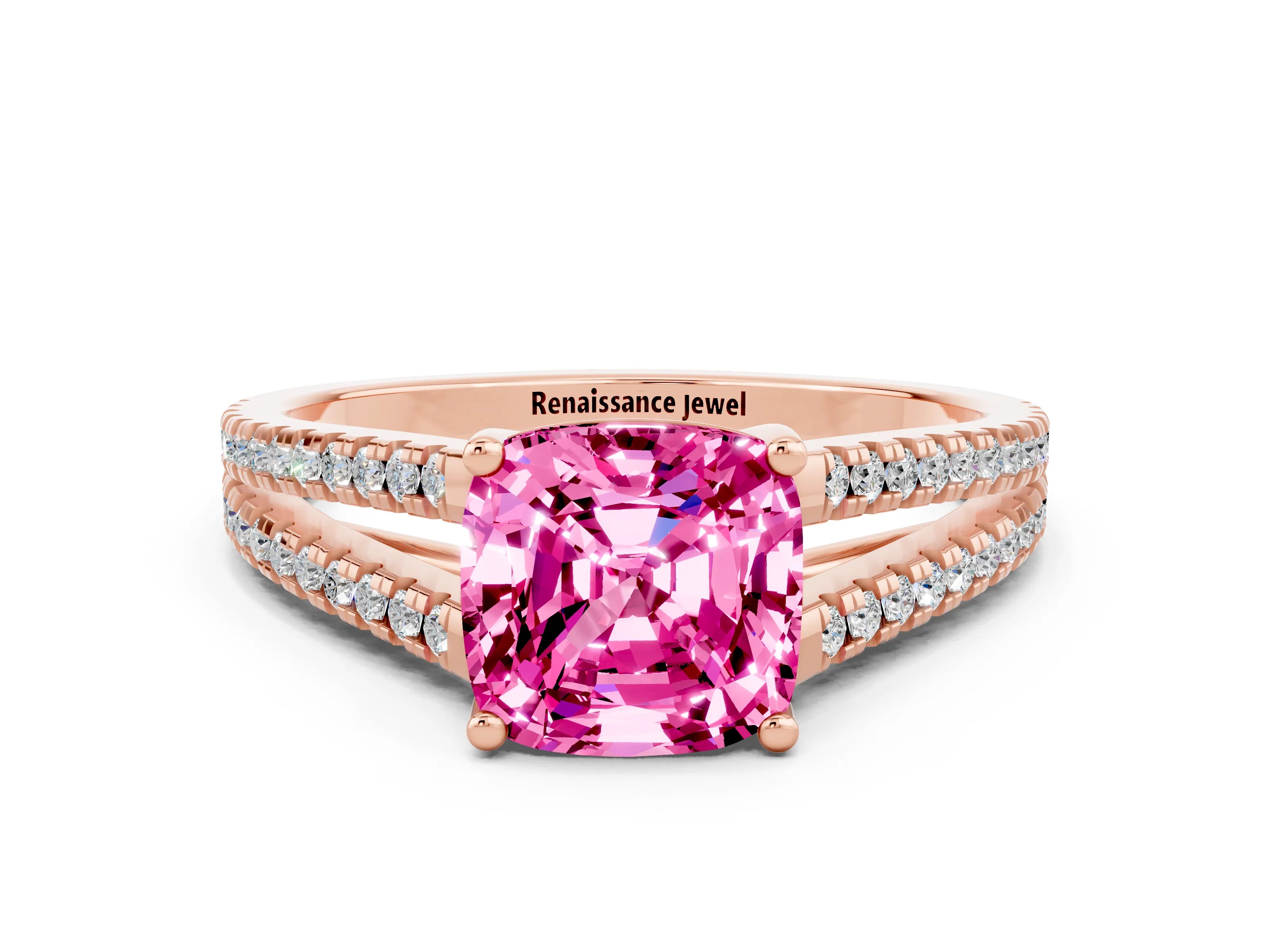 Rose gold Cushion Cut Pink Sapphire Solitaire Engagement Ring with Split Shank Pavé Band_12