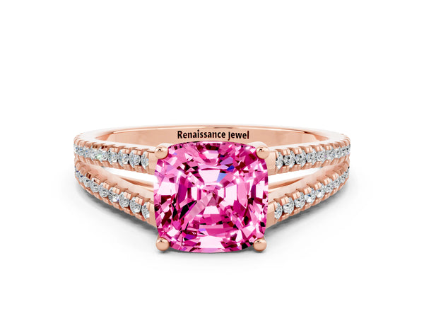 Rose gold Cushion Cut Pink Sapphire Solitaire Engagement Ring with Split Shank Pavé Band