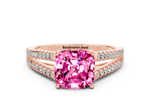 Rose gold Cushion Cut Pink Sapphire Solitaire Engagement Ring with Split Shank Pavé Band_12
