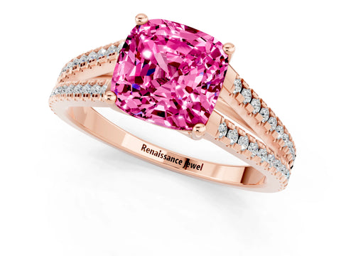 Rose gold Cushion Cut Pink Sapphire Solitaire Engagement Ring with Split Shank Pavé Band_13