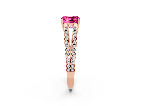 Rose gold Cushion Cut Pink Sapphire Solitaire Engagement Ring with Split Shank Pavé Band