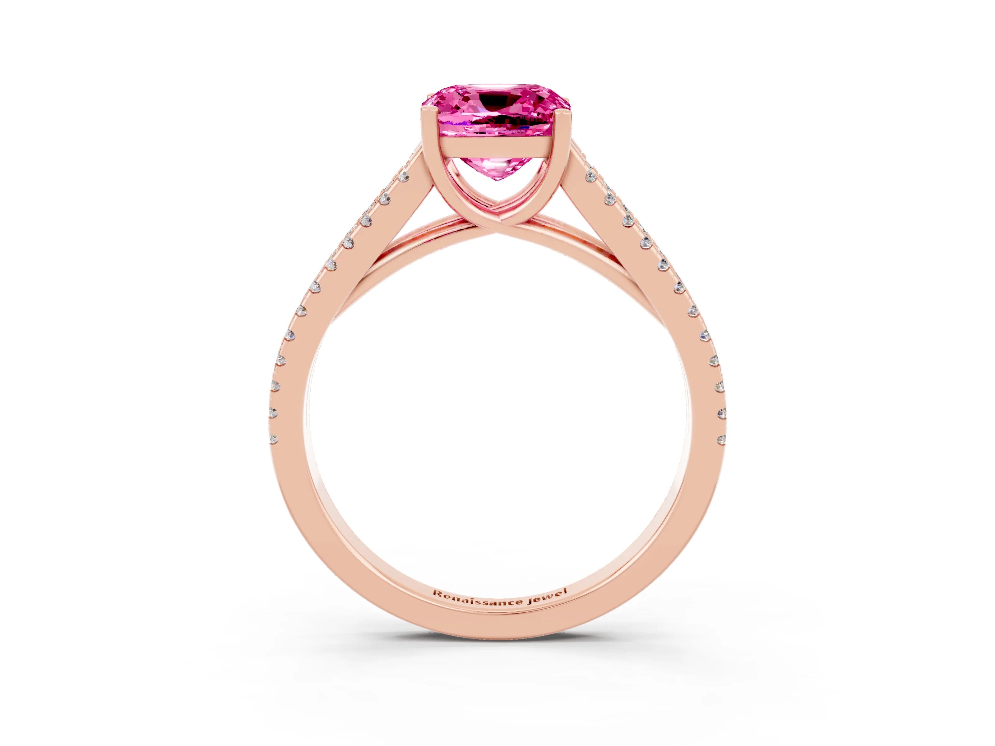 Rose gold Cushion Cut Pink Sapphire Solitaire Engagement Ring with Split Shank Pavé Band_15