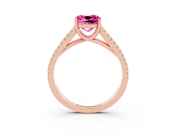 Rose gold Cushion Cut Pink Sapphire Solitaire Engagement Ring with Split Shank Pavé Band