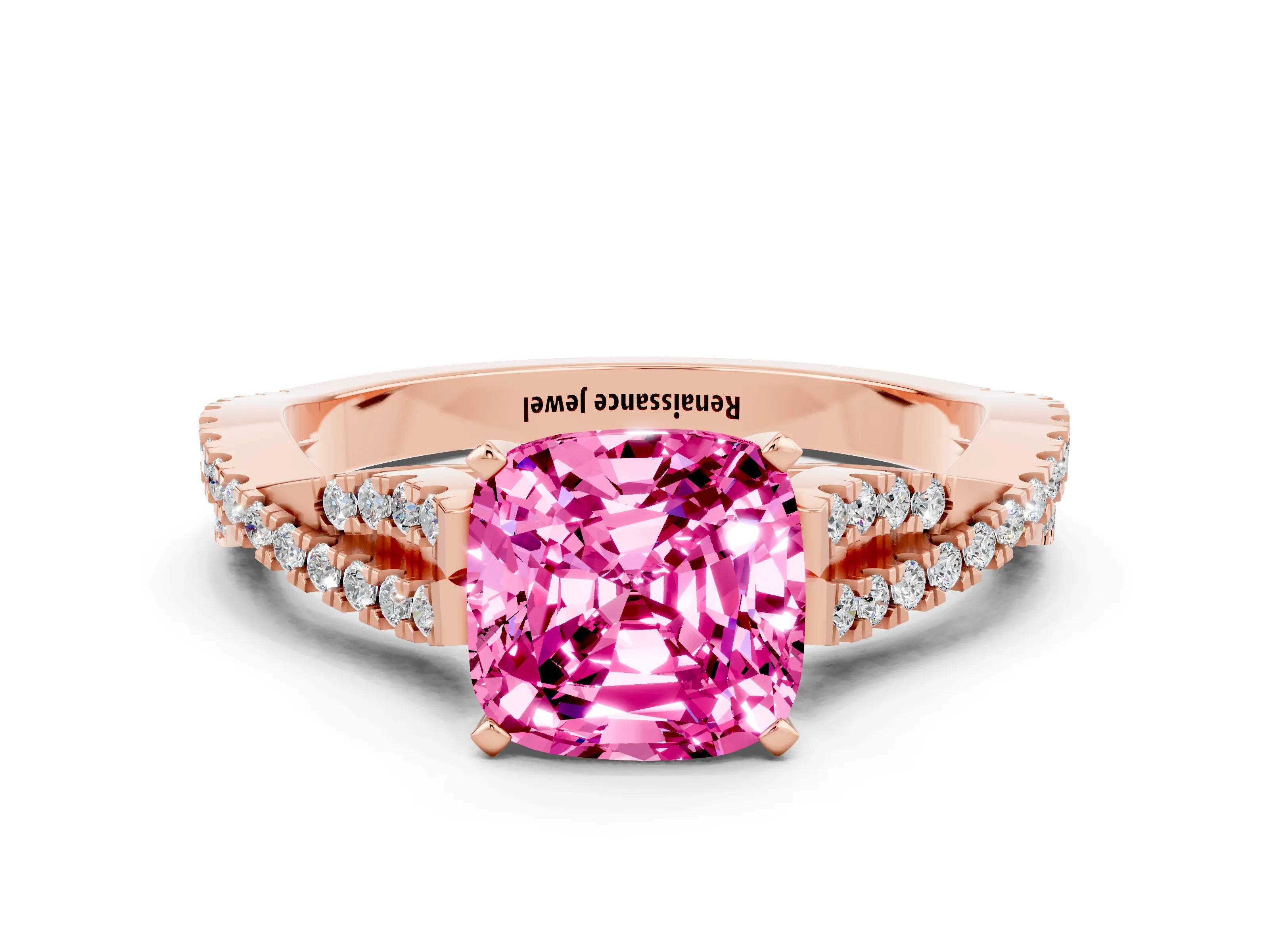 Rose gold Cushion Cut Pink Sapphire Solitaire Engagement Ring with Twisted Pavé Band and Four-Prong Setting_24