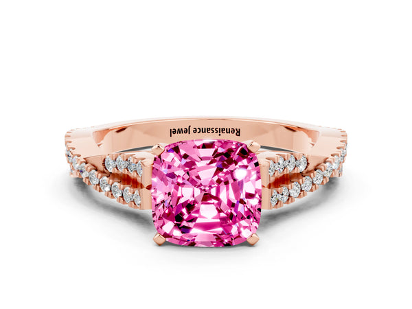 Rose gold Cushion Cut Pink Sapphire Solitaire Engagement Ring with Twisted Pavé Band and Four-Prong Setting