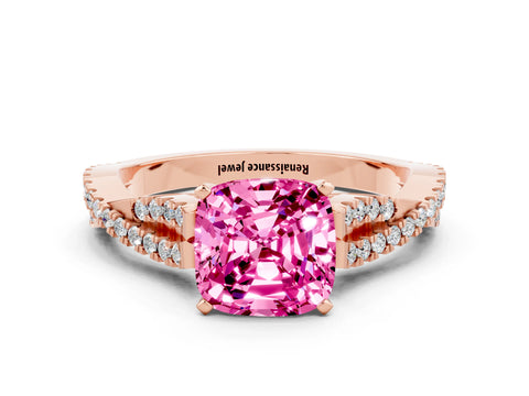 Rose gold Cushion Cut Pink Sapphire Solitaire Engagement Ring with Twisted Pavé Band and Four-Prong Setting_24