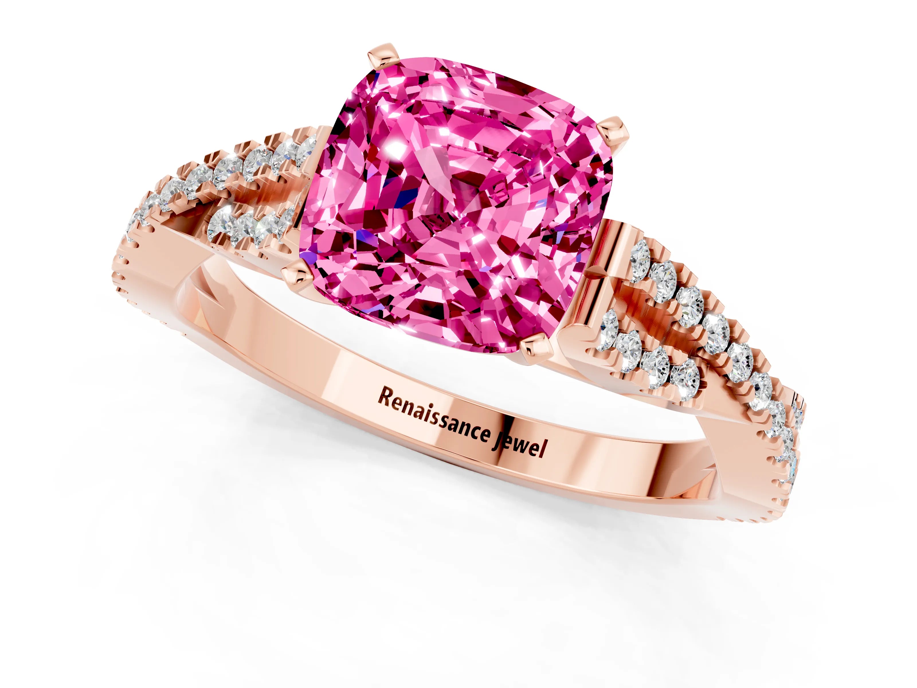 Rose gold Cushion Cut Pink Sapphire Solitaire Engagement Ring with Twisted Pavé Band and Four-Prong Setting_25
