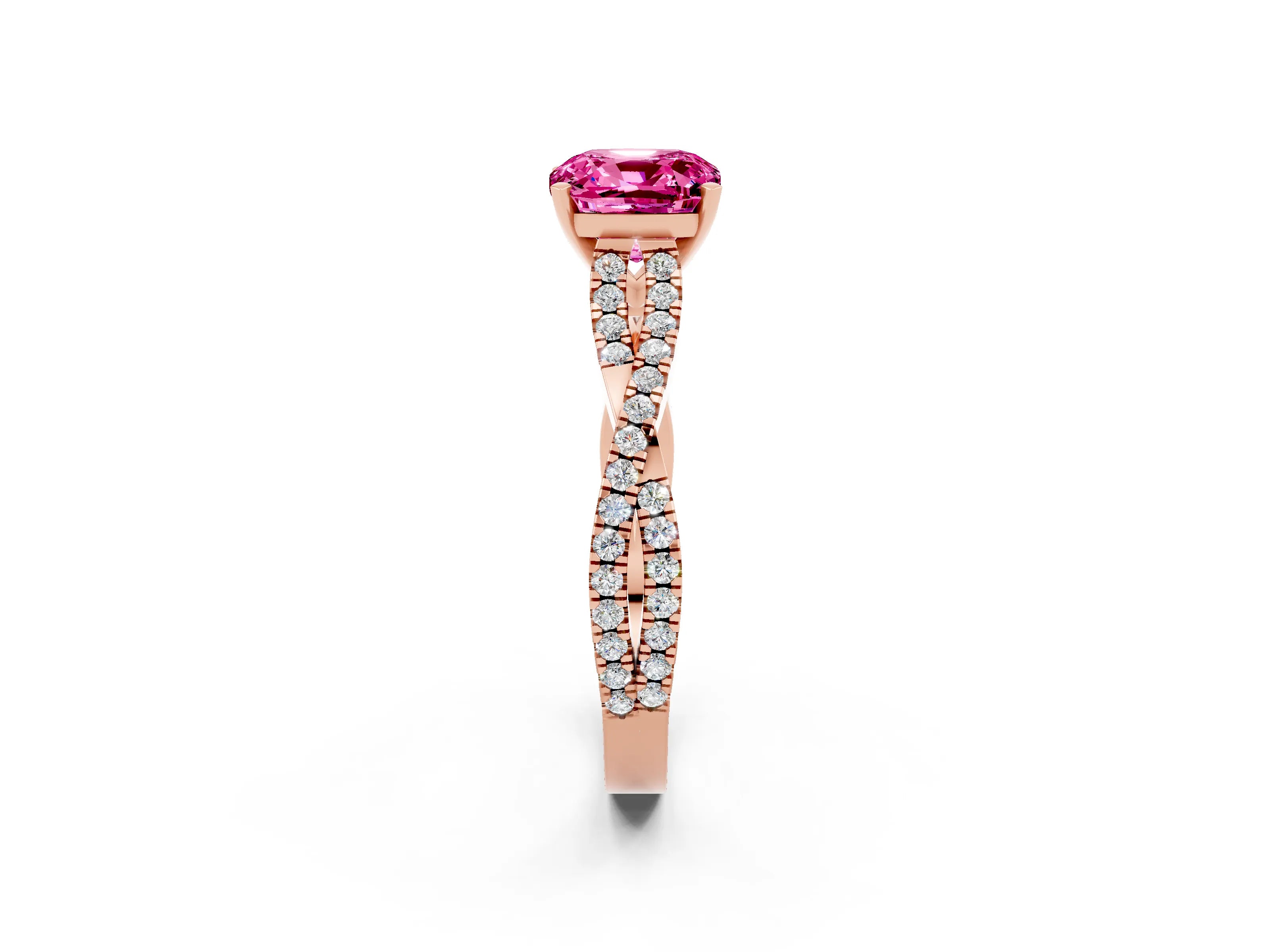 Rose gold Cushion Cut Pink Sapphire Solitaire Engagement Ring with Twisted Pavé Band and Four-Prong Setting_26