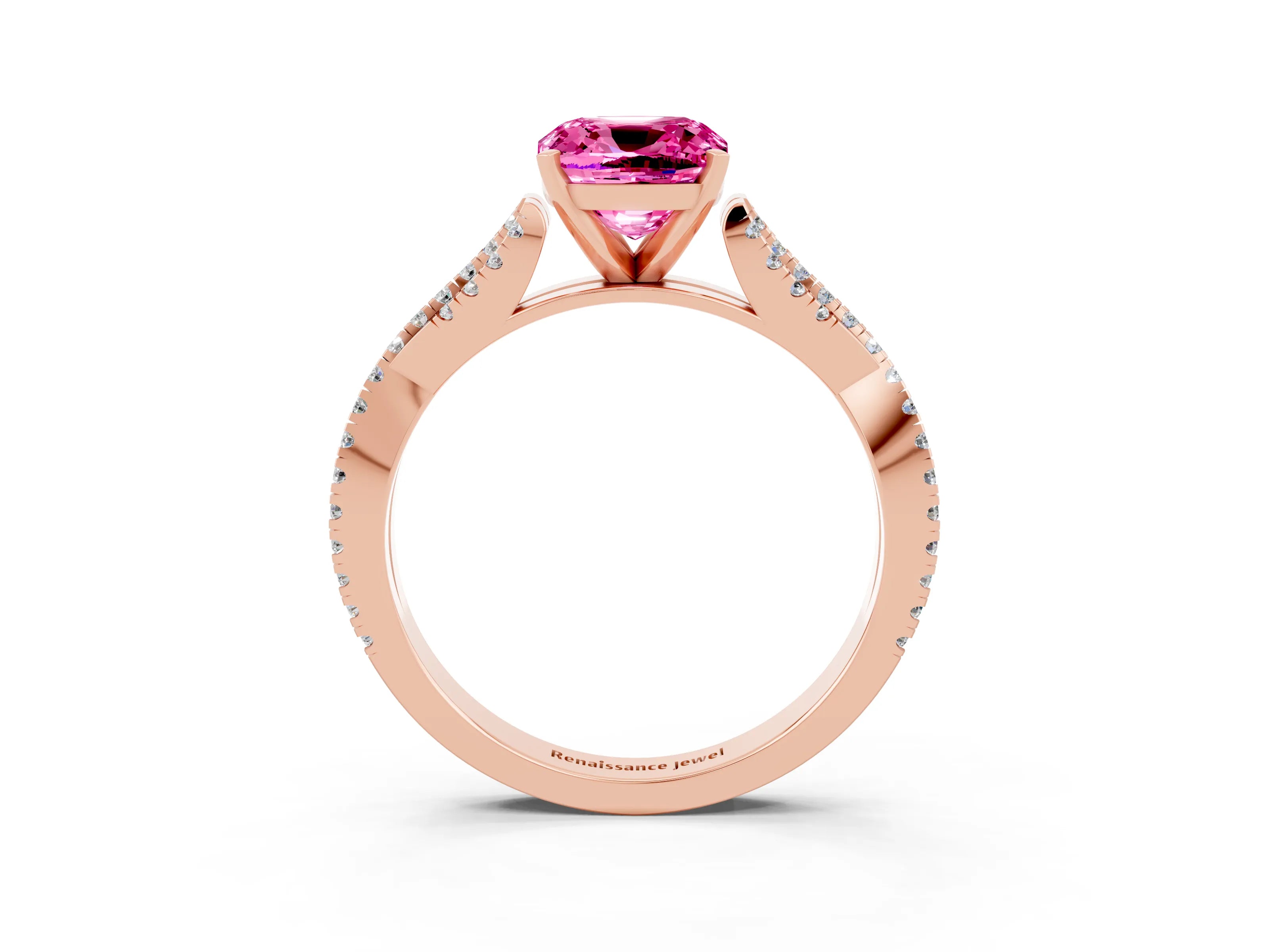 Rose gold Cushion Cut Pink Sapphire Solitaire Engagement Ring with Twisted Pavé Band and Four-Prong Setting_27